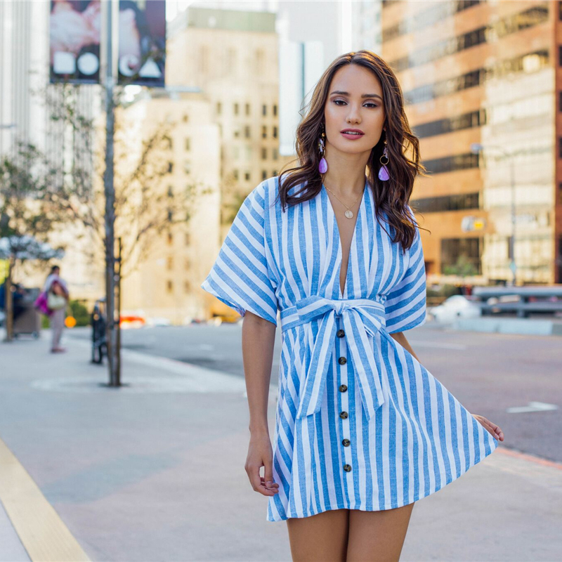 Women Sweet V Neck Tied Open Back Striped Dress With Tassel
