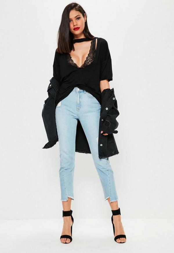 Black Choker Neck Cut Out Clothing T Shirt Women