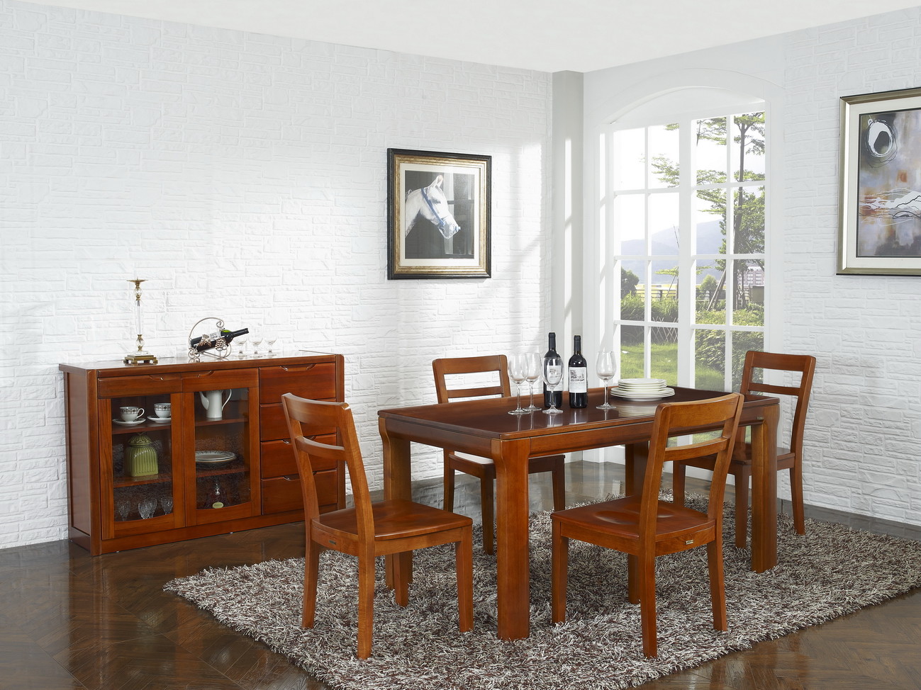 Nanmu solid wood Dining room furniture 1.35m flexible Round table and Chairs Tall wine cabinet with buffet