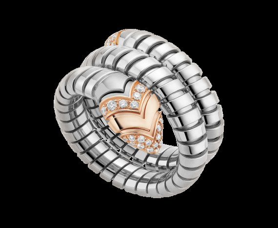 Serpenti Tubogas ring in 18 kt pink gold, steel and pavé diamonds Ref. AN856666
