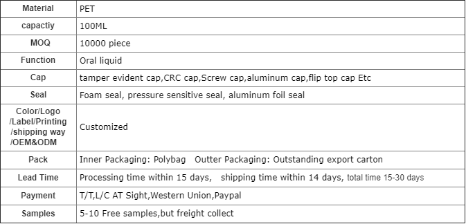 100ML PET Amber/Orange Maple Cough Syrup Oral Liquid Bottle with CRC Cap and Heat Seal