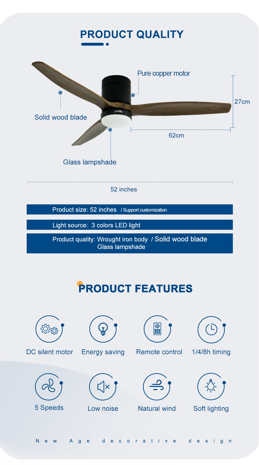 110-240V/50Hz-60Hz Flush Mount Ceiling Fan 52" Blade Size 2 in 1 with or without Lighting
