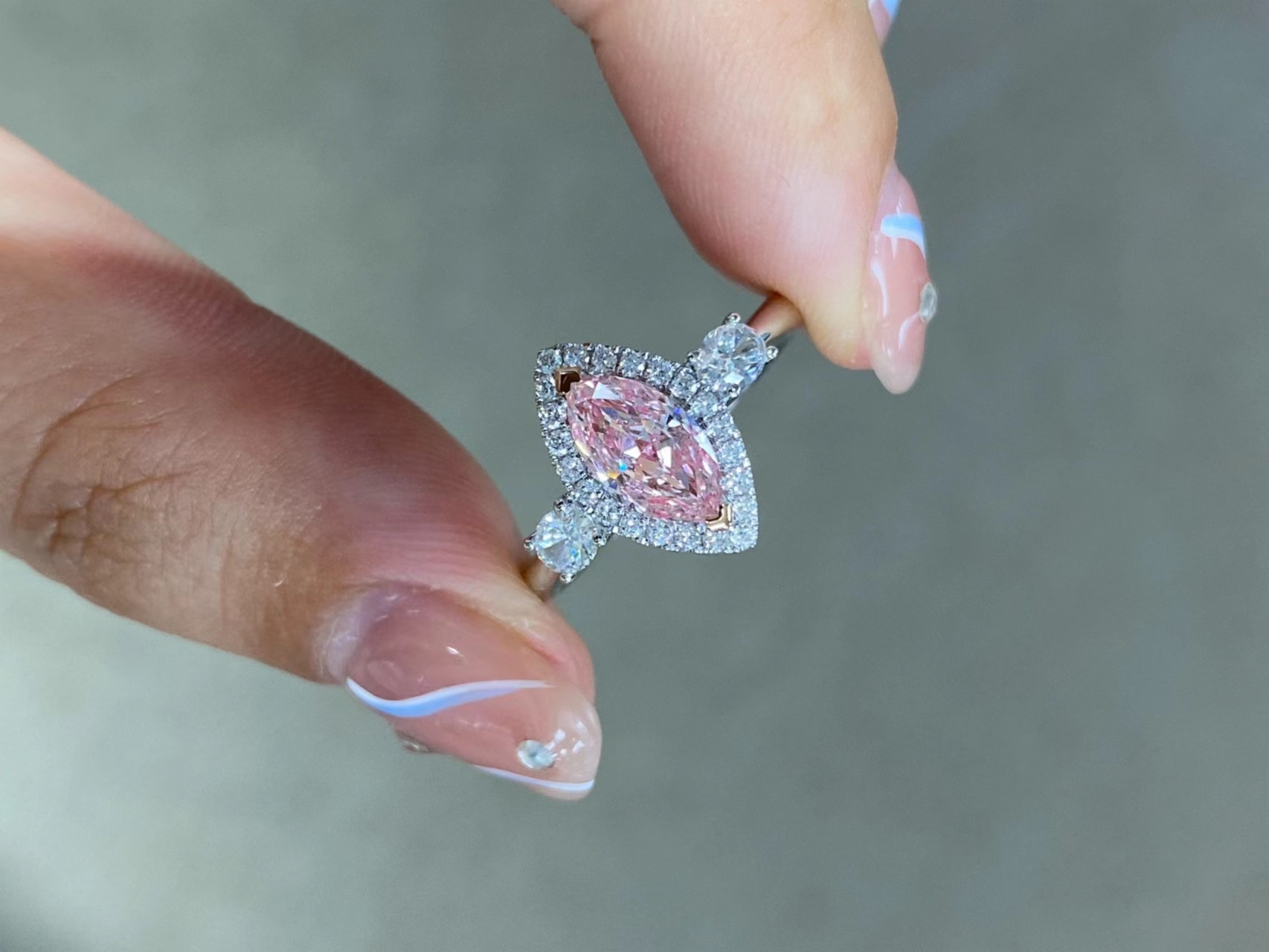 Marquise Modified Brilliant Cut Fancy Light Pink 0.95ct CVD Lab Grown Diamond 18k White Gold Engagement Ring