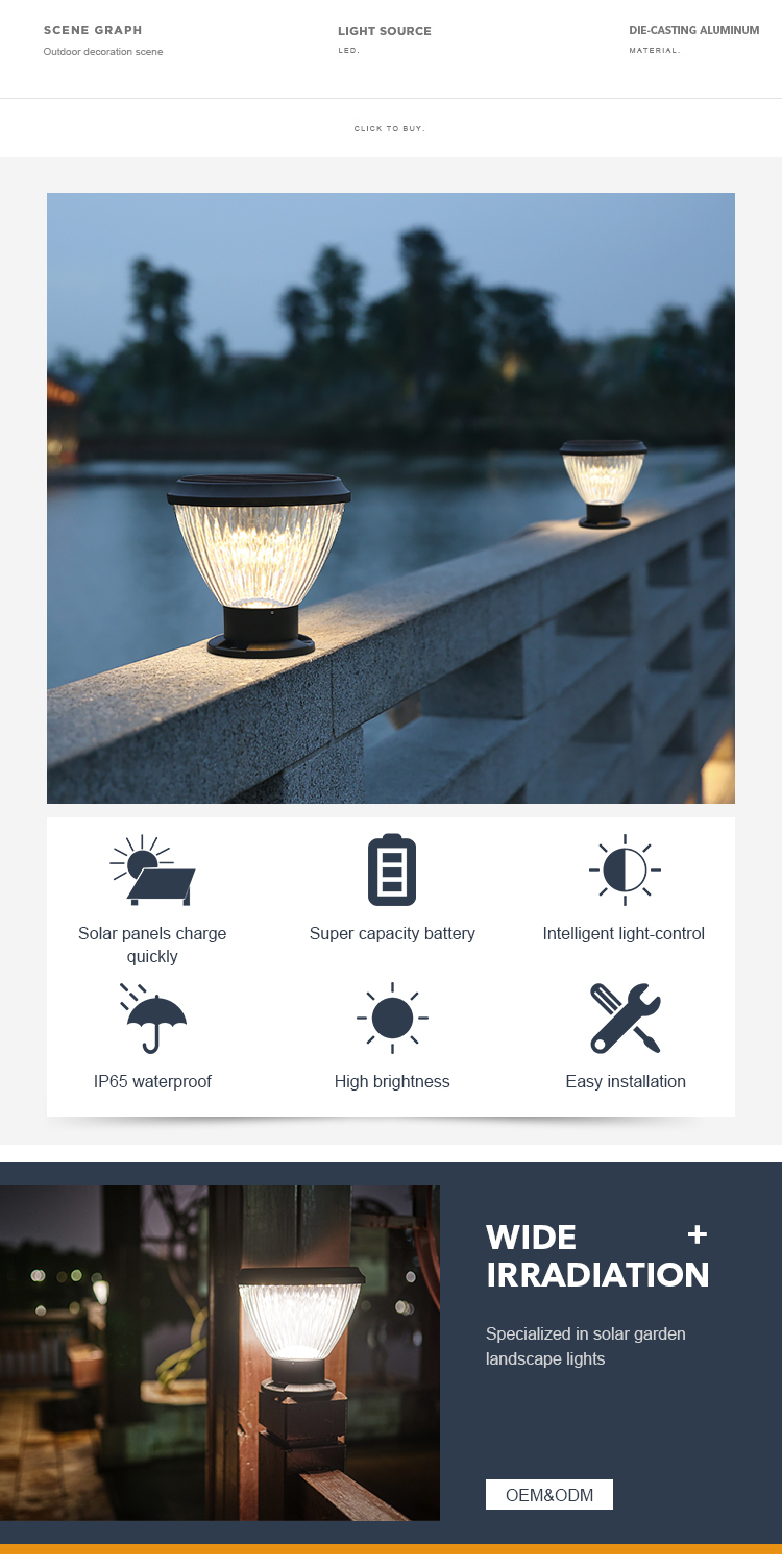 Light Control IP65 Solar Pillar Light Easy Install Post Cap Lamp For Wood Fence Deck