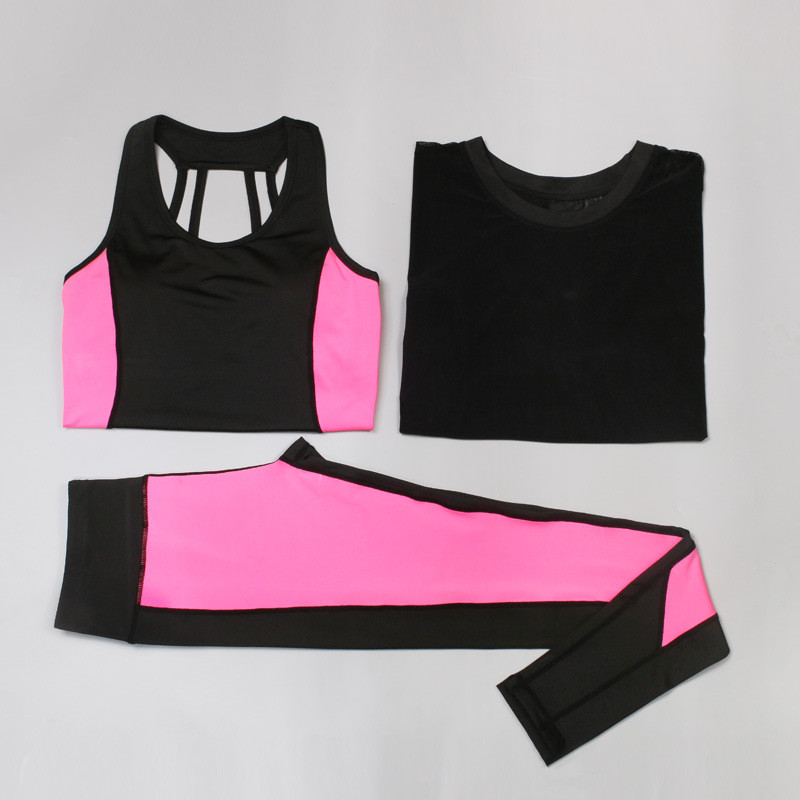 CPG Global 2017 Spring Summer Pink Quick Dry 3 Pieces Set Stretched Bra Short Sleeves Sports Shirt with Yoga Pant T1025