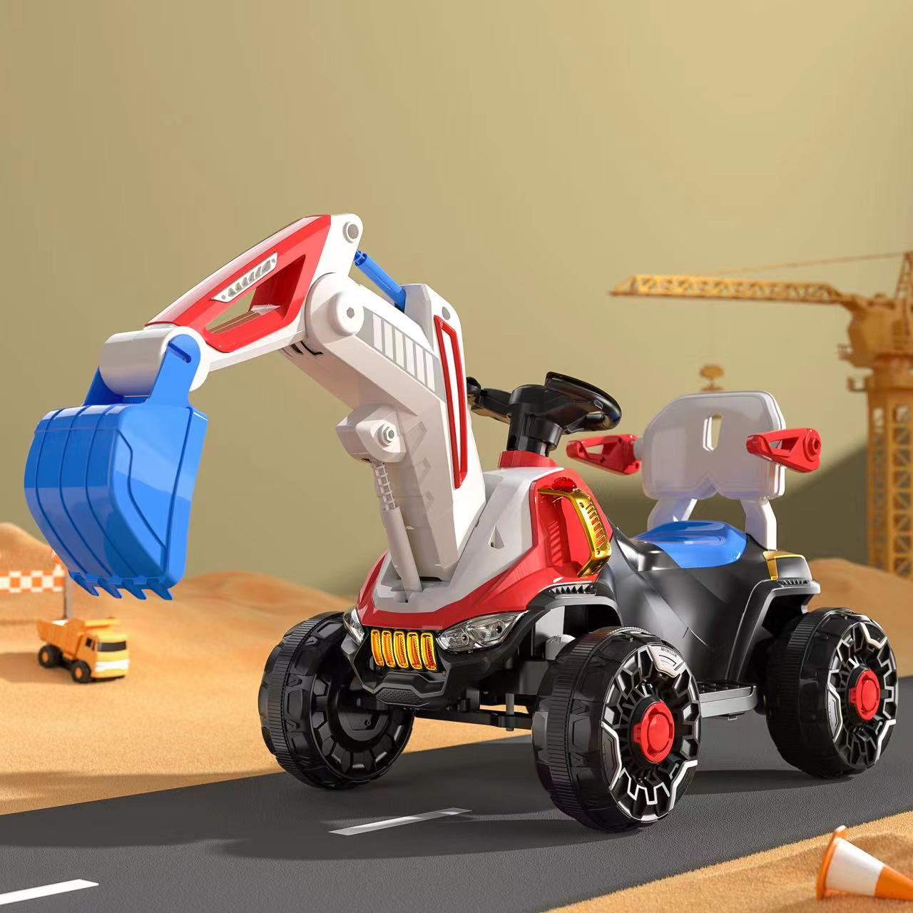 LED Headlights and Dynamic Music Ride-On Construction Truck Car for Kids in Orange