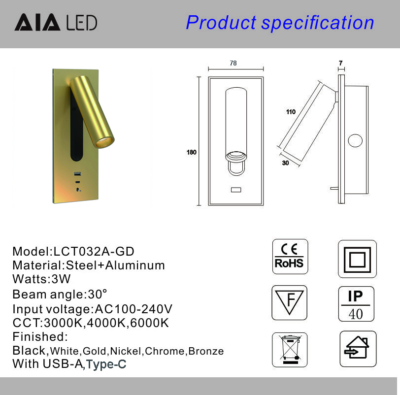 USB type-C 3W bedside reading wall light headboard wall lights hotel villa bed wall lamps rotate lamp