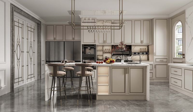 Chic Elegant Beige Modern Kitchen Cabinet With Opulent White Marble Stainless Steel