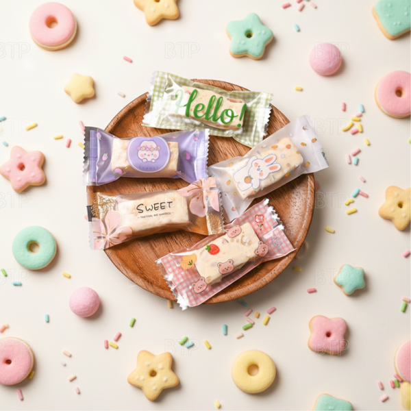 MOQ 100pcs Custom Food Grade Plastic 3 Side Seal Free Sample Hot Seal Disposable Packaging for Handmade Candy Nougat Biscuit