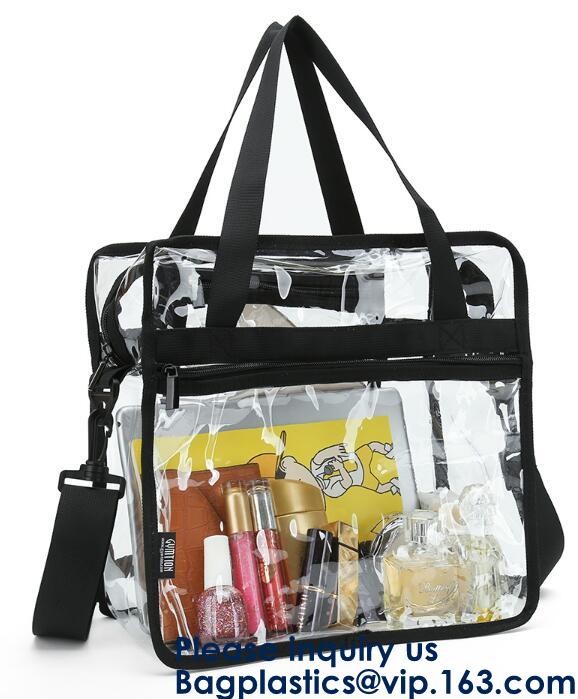 Beach Bag Clear PVC Bag Tote With Inner Pocket And Zipper Closure,PVC Bag Beach Tote With Black Handles, Bagease