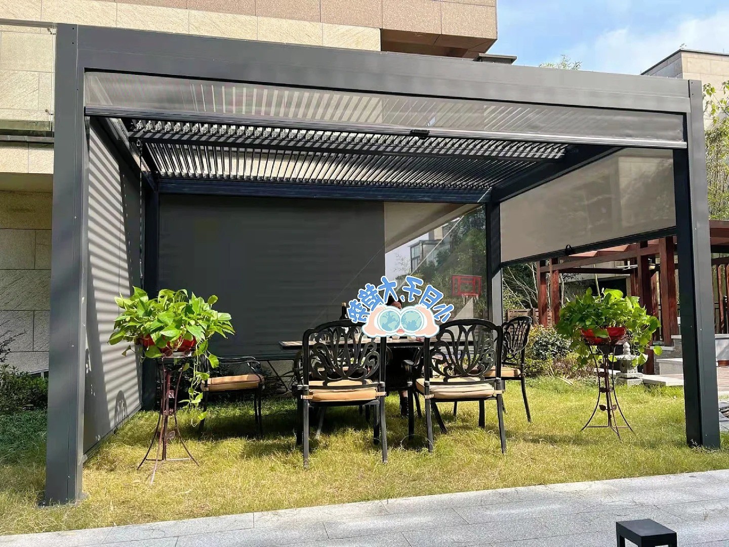 3X4m glass pavilion outdoor Aluminum Pergola Gazebo With Adjustable Roof Louvers