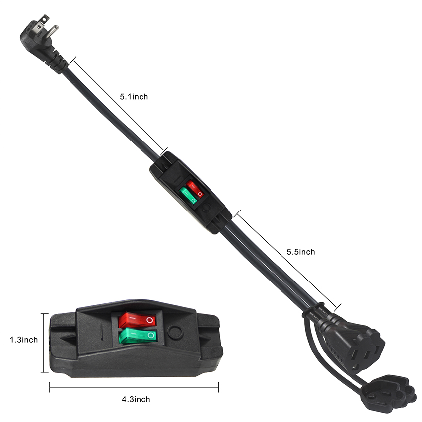 Optional 125V 15A NEMA 5-15 Plug to 515 Dual Outlets US 3Pin On Off Switch Power Extension Cord Y Splitter