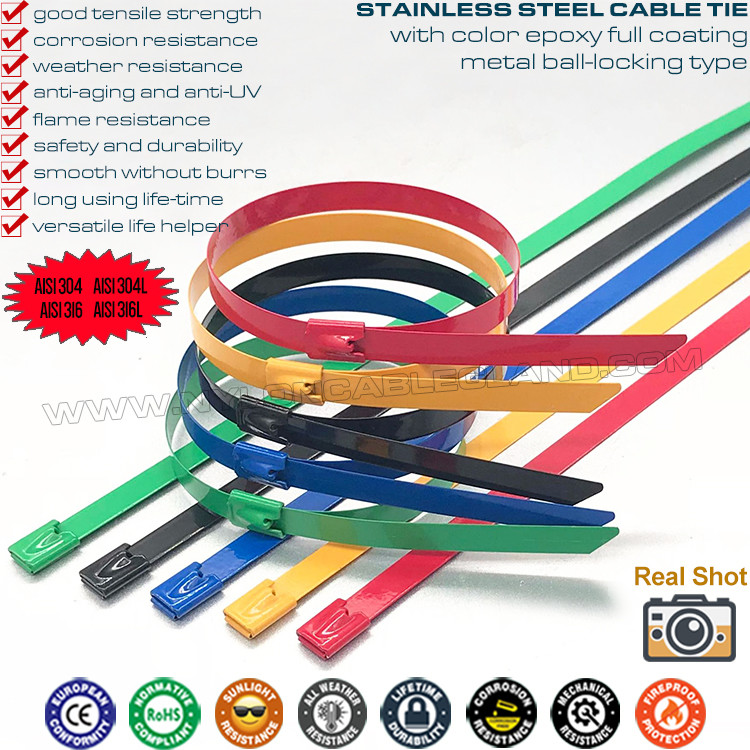 304/316 Stainless Steel Cable Tie Epoxy Polyester Fully Coated 500mm x 7.9, Nylon Plastic Sprayed Metal Cable Tie (Ø13-128mm, 380lbs) for Organize