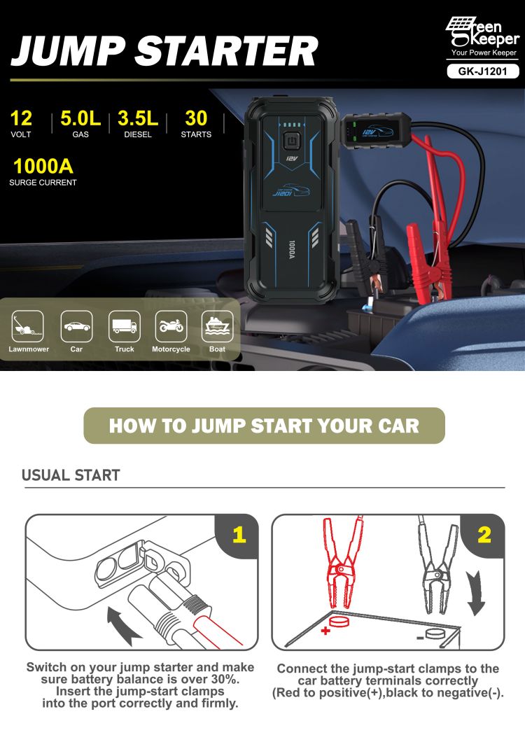 Multifunctional Portable Car Jump Starter with UltraSafe Super Capacitor and LED Light