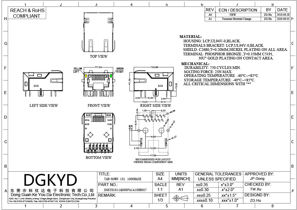 DGKYD1611Q008FA1A10DB057 Single Port TAB DOWN DIP Connector With Lamp Belt Wing Transformer