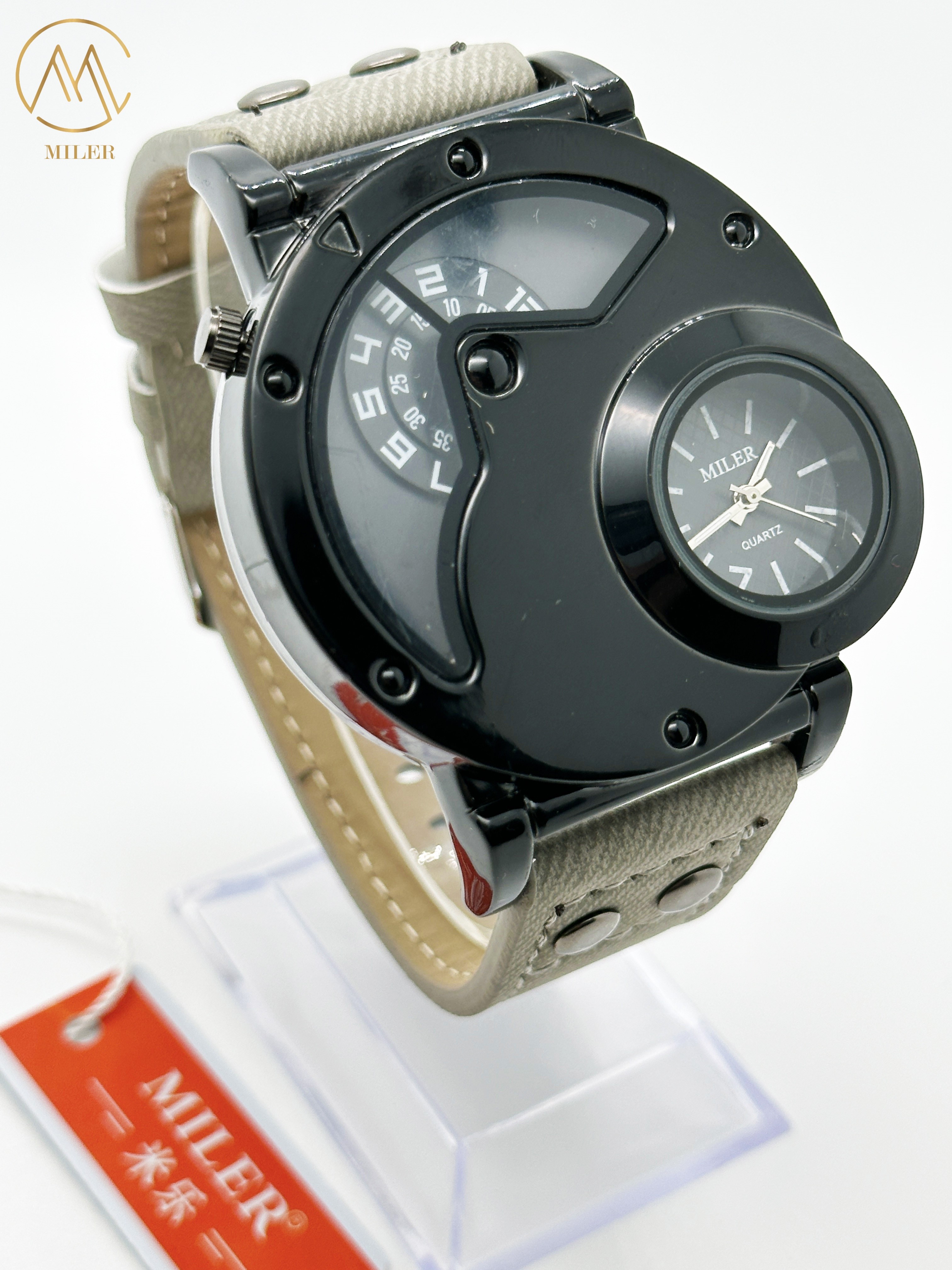 OEM Double Movement Mens Sports Watch With Denim Band Hook Buckle