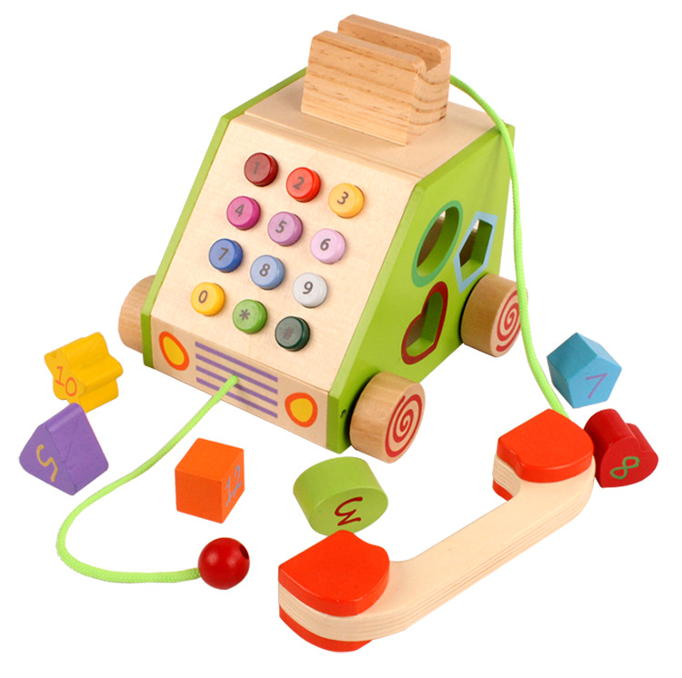 Geometric Shape Wooden Landline Phone For Cognitive Development