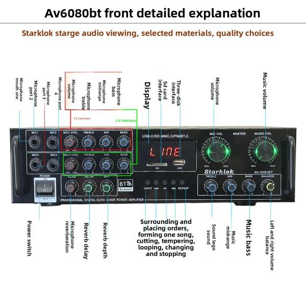 AV-6080BT 1000W 7-Channel Fixed Impedance Amplifier Home Car Metal Receivers USB Flash SD Card BT Wireless Player Global