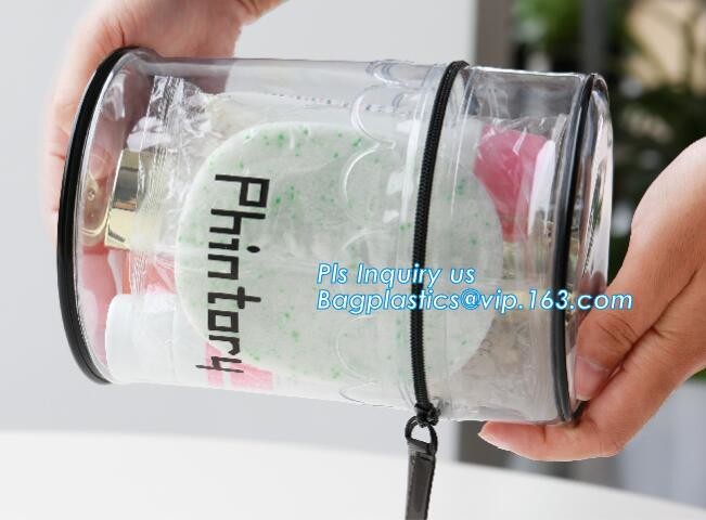 Stationery School PVC Pencil Bag, Barrel shaped travel cosmetic bag clear toiletry bag transparent pvc cosmetic bag for