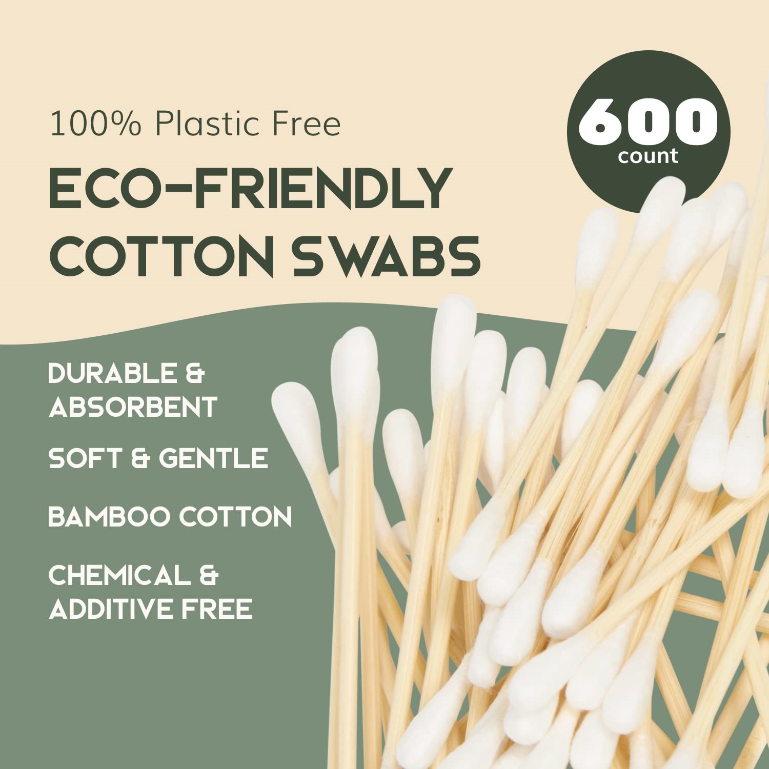 Organic Cotton Swabs 600 Pack - Biodegradable Vegan Bamboo Cotton Buds With Plant-Based Packaging, Wooden Ear Swabs