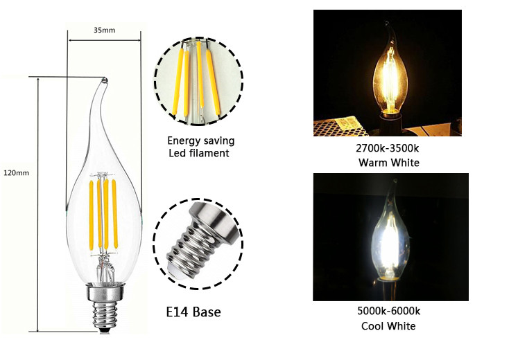 240V E14 4W Amber Candle Light Lamp C35 2200k Edison Bulb Filament