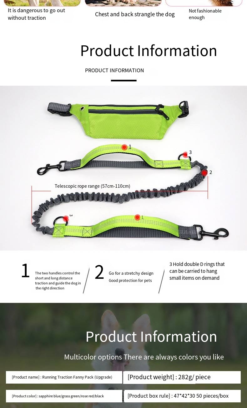 Pet Reflective Hands Free Leash With Waist Bag And Telescopic Adjustment For Dog Sports Running Leash