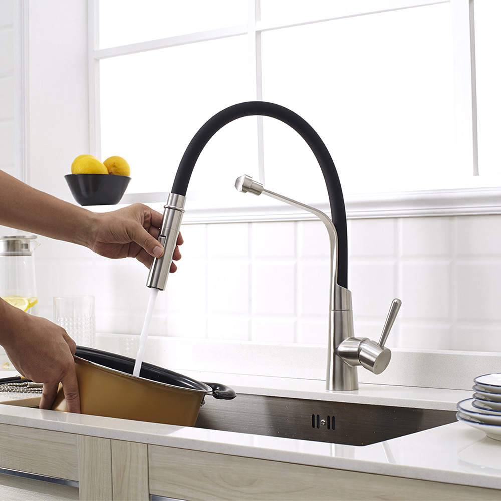 Factory good quality single handle flexible colorful kitchen faucet with black color