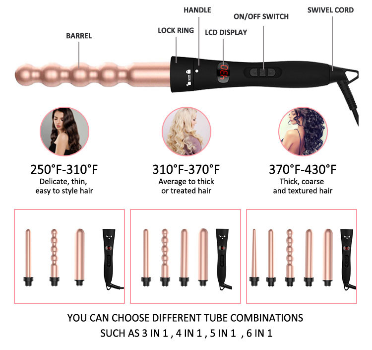 PTC Heater Titanium Interchangeable Curling Iron Set Adjustable Temperature