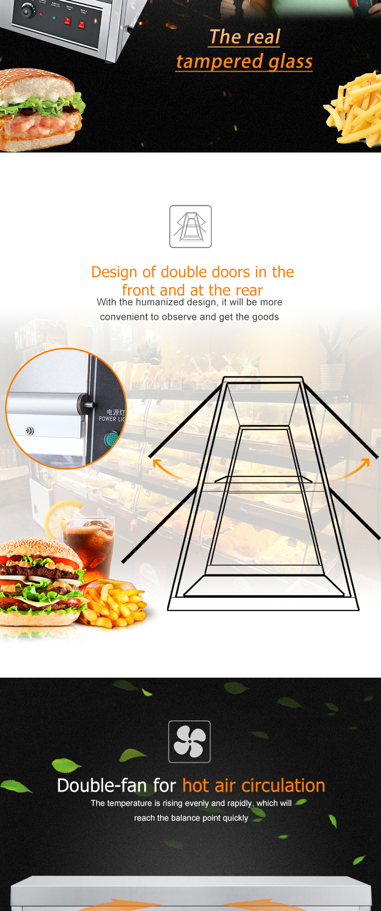 Modern Desgin Two Layer Hot Air Circulation Food Display Warmer for Fried Chicken