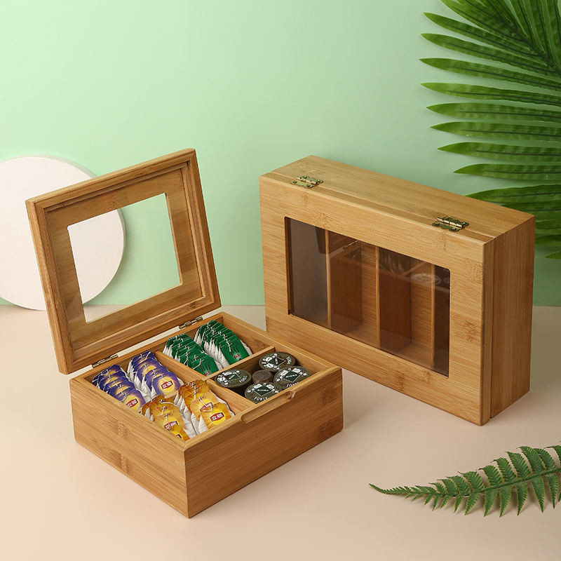 8 Compartments Hinged Wooden Storage Box Bamboo Tea Box Storage Organizer