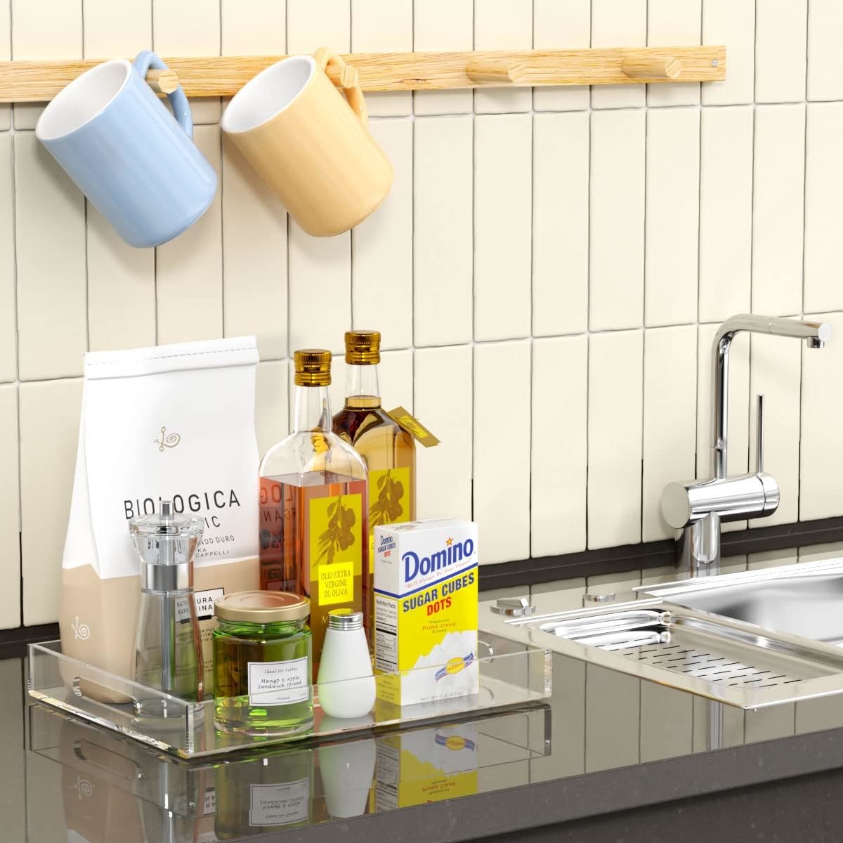 Clear Serving Tray Spill Proof- Acrylic Decorative Tray Organiser For Ottoman Coffee Table Countertop With Handles