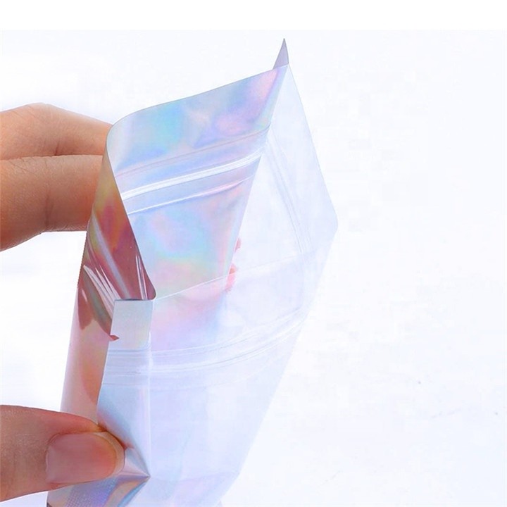 Small Mylar Plastic Biodegradable Heat Sealing Zipper Three Sides Food Packaging Holographic Bag