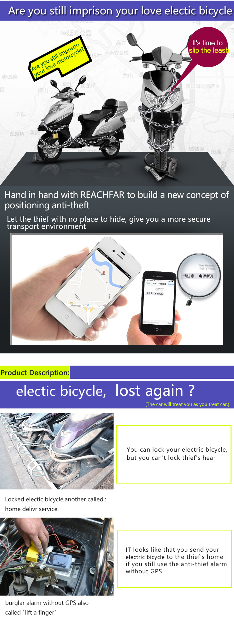 Mini gsm/gprs gps tracker Electric bicycle anti-theft alarm system SMS and phone alarm