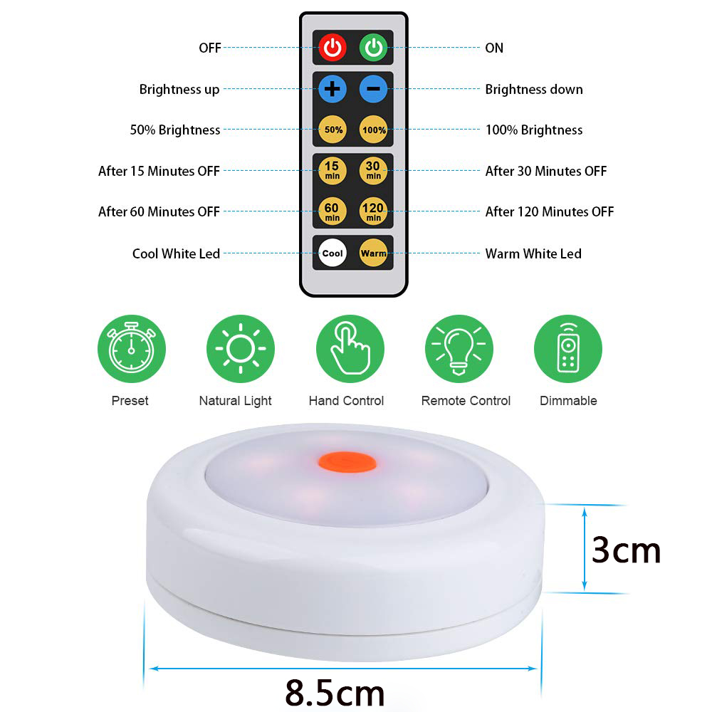 4.5VDC Battery Powered Led Wardrobe Lights 0.5W Remote Controlled Puck Lights