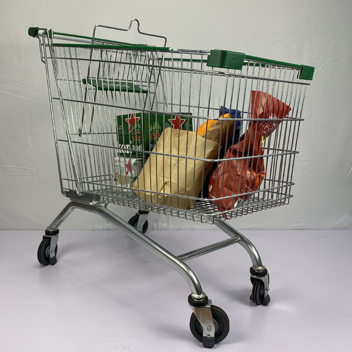 Customized 275L Warehouse Supermarket Shopping Trolley With Green Plastic Parts And Elevator Wheels