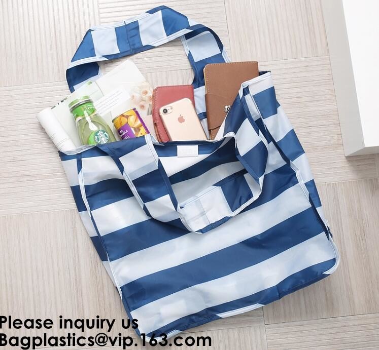 Printing Logo Polyester Handled Foldable Tote Bag With Snap Closure Foldable Bag Pocket Folding Nylon Shopping Bag