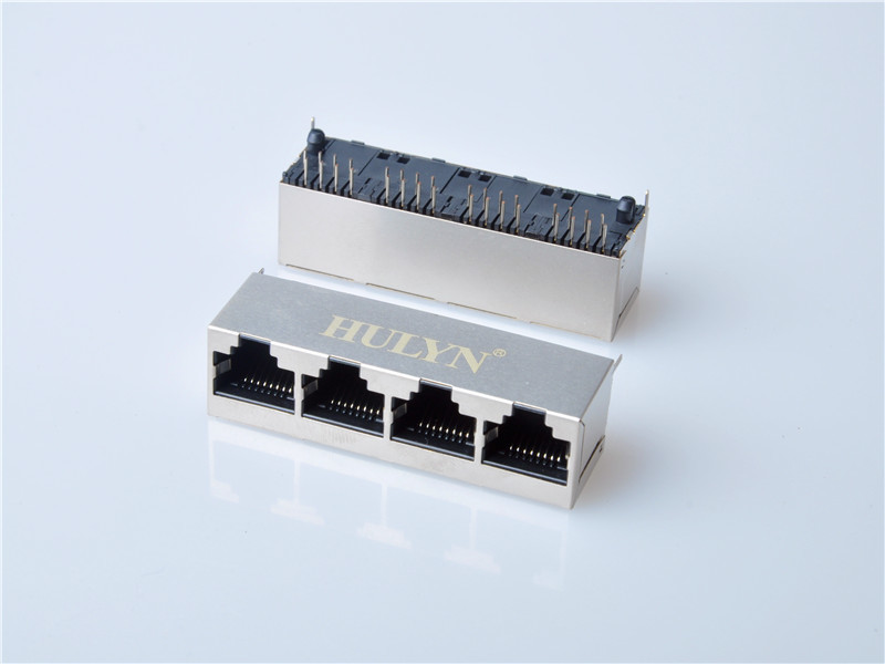 HULYN Very low profile, Shielded RJ45 Modular Jack Connector, Through Hole Type, Top Entry, 1x4 Ports