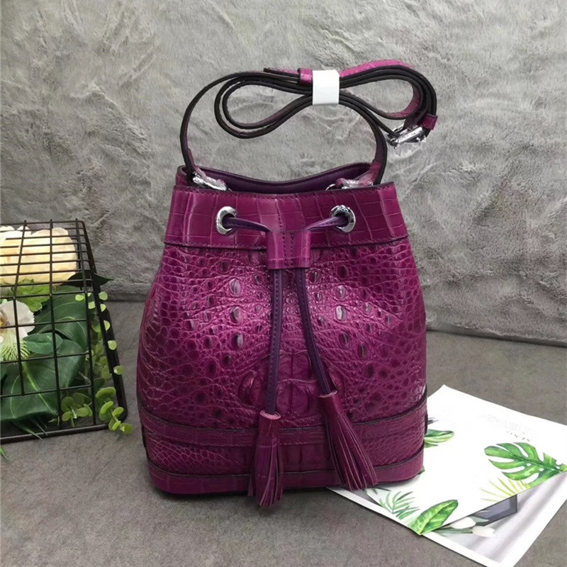 Authentic Crocodile Skin Drawstring Closure Women's Bucket Purse Exotic Alligator Leather Lady Small Tassel Shoulder Bag