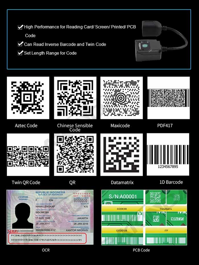 Passport OCR MRZ Industrial Barcode Scanner Embedded 1D QR Scan Module