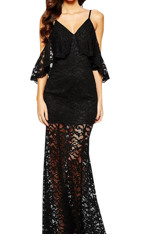 Elegant Black Sexy Long Lace Maxi Evening Dresses