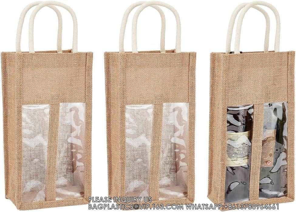 Burlap Wine Bottle Bag Jute Wine Tote Gift Bag With 2 Clear Window And Handle Wedding Birthday Festivals Souvenir