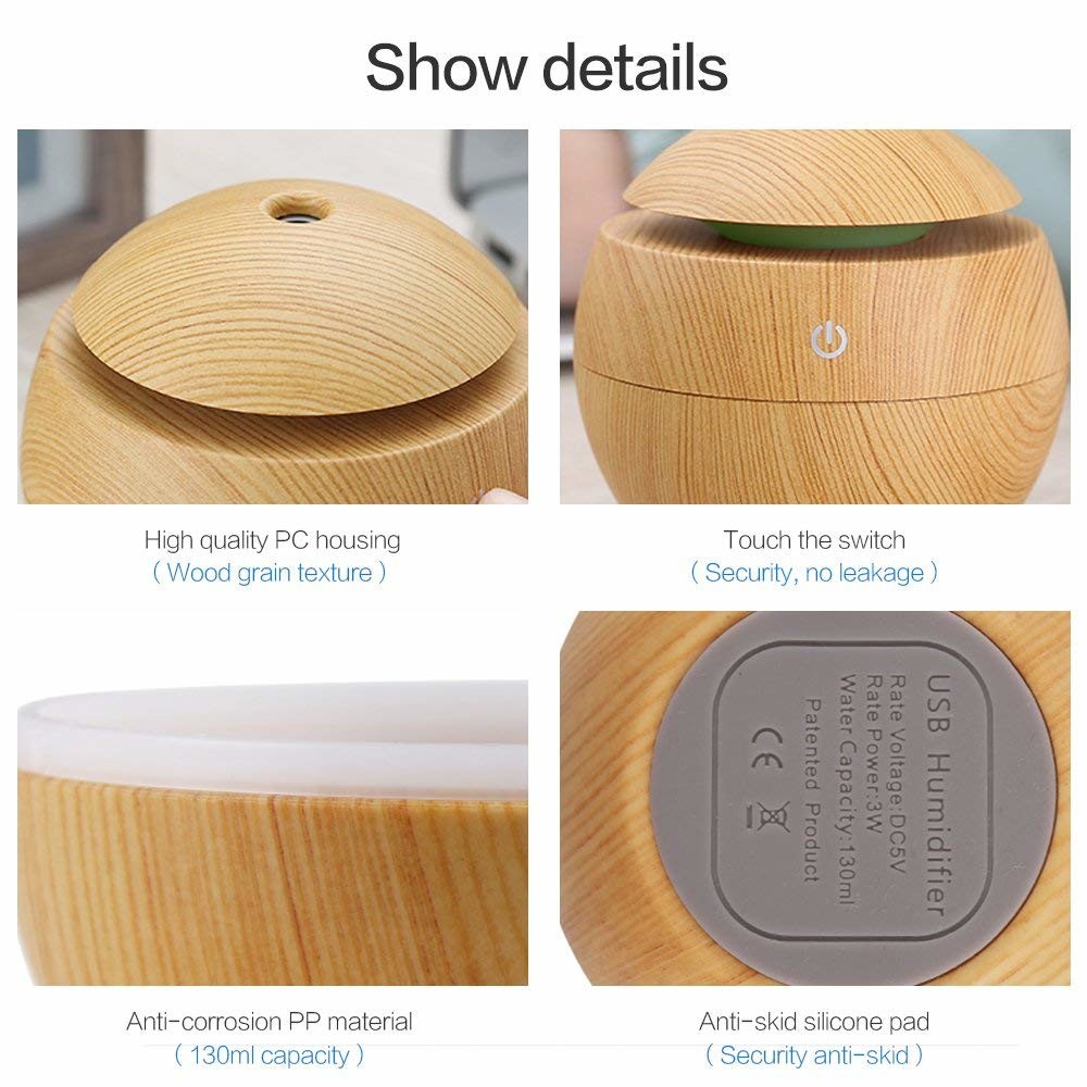 Cool Mist Wood Grain Mini Size 130ML Air Humidifier, Portable Desktop For Office
