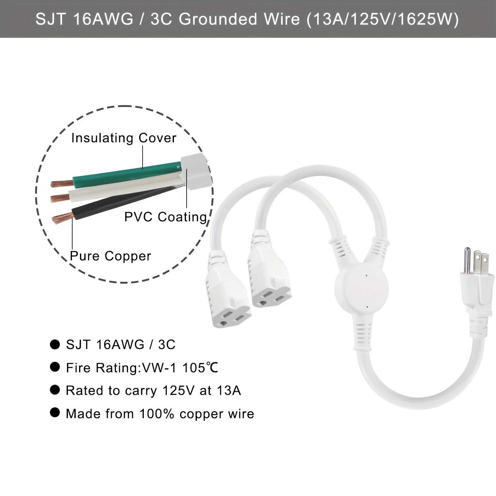 125V 13A Electric Power Cord NEMA5-15P to NEMA 5-15R 1 to 2 Y Splitter SJT 16AWG 3 Wire