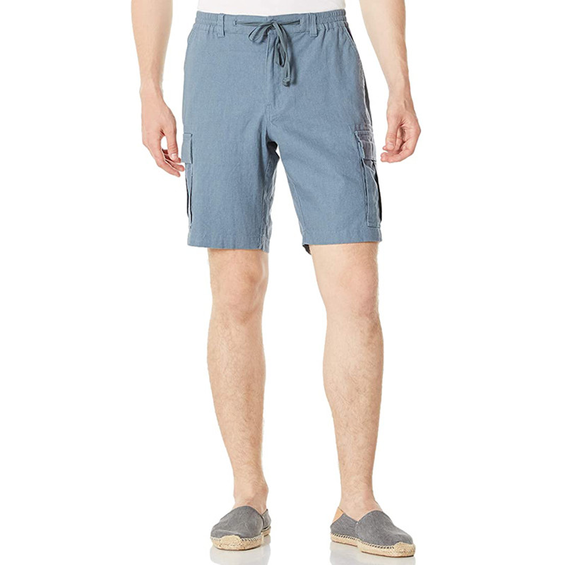 Men'S Cotton Linen Blend Cargo Shorts 9.5 Inch Inseam Shorts Drawstring Button Closure