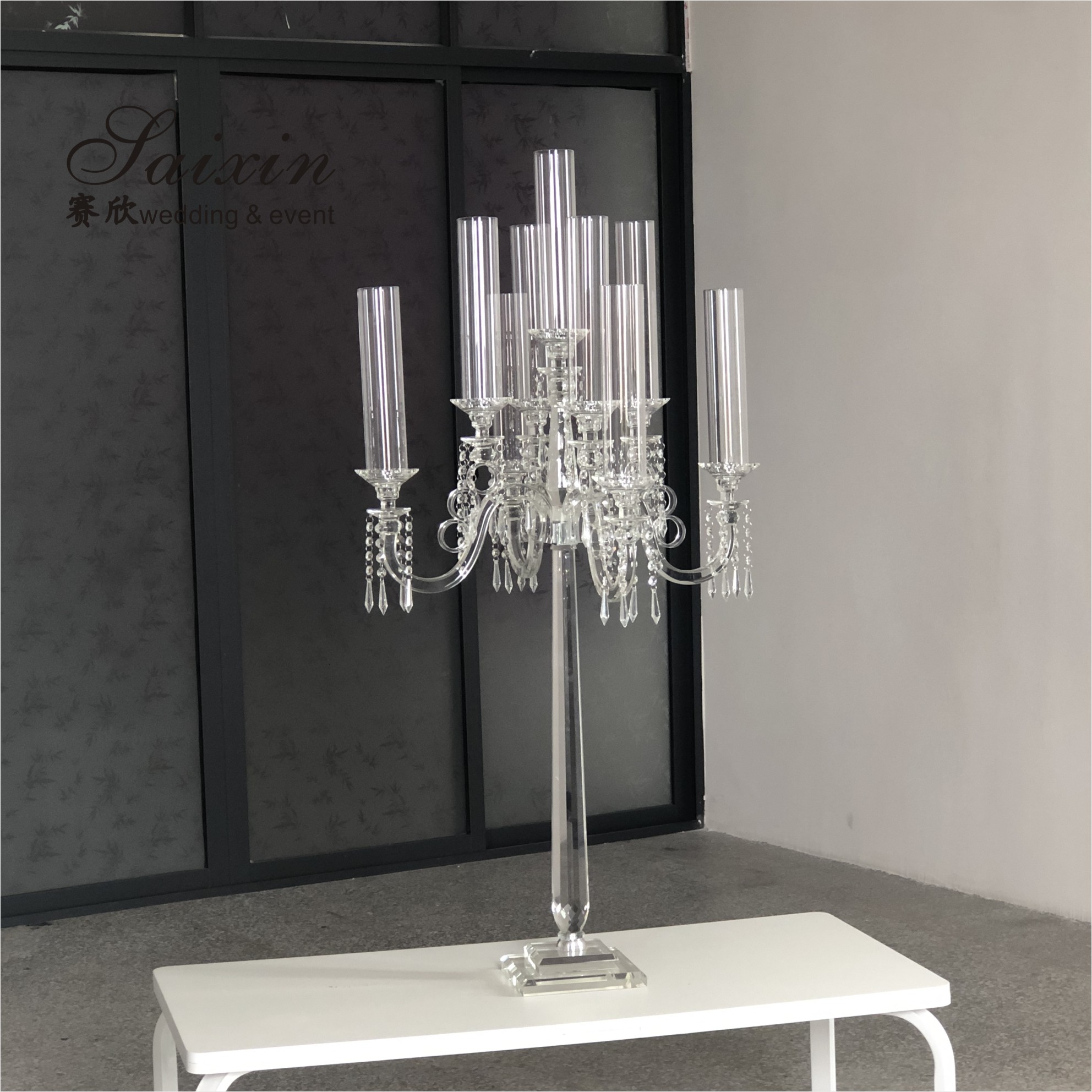 9 Arms Tall Luxury Clear Crystal Candle Holder For Dining Table Wedding Centerpiece Home Decor
