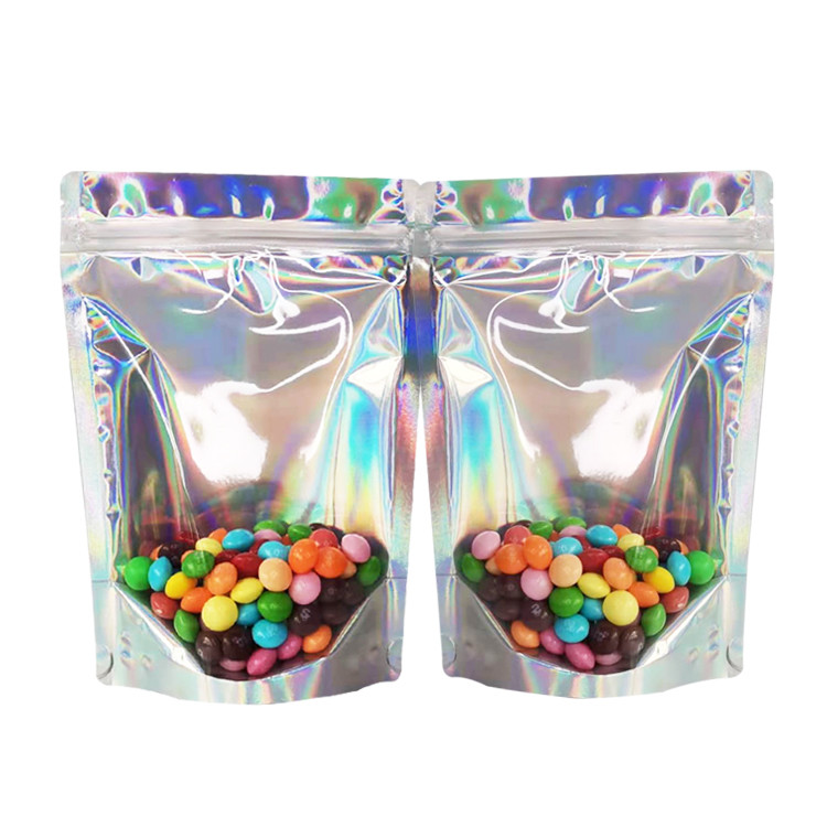 4.7x7.9 Inch Resealable Mylar Holographic Ziplock Foil Stand Up Pouches For Candy Coffee Food Packaging