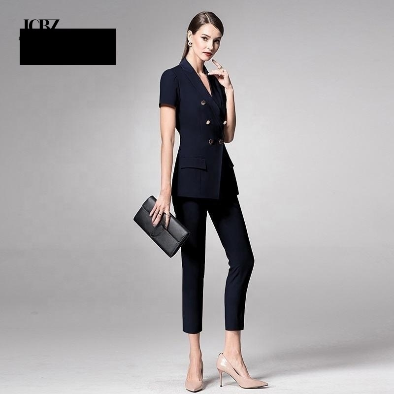 Dark Navy Slim Fit Blazer for Ladies Office Short Sleeve Women's Suits Collar V-neck