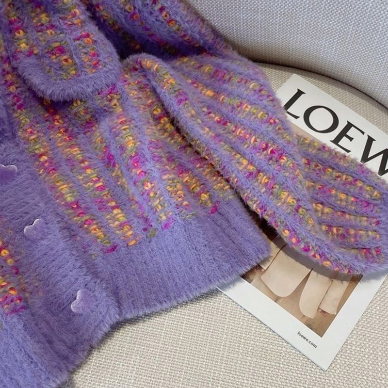 Pink Purple Checkerboard Fashion Bespoke Sweaters Elegant Womens Button Cardigan