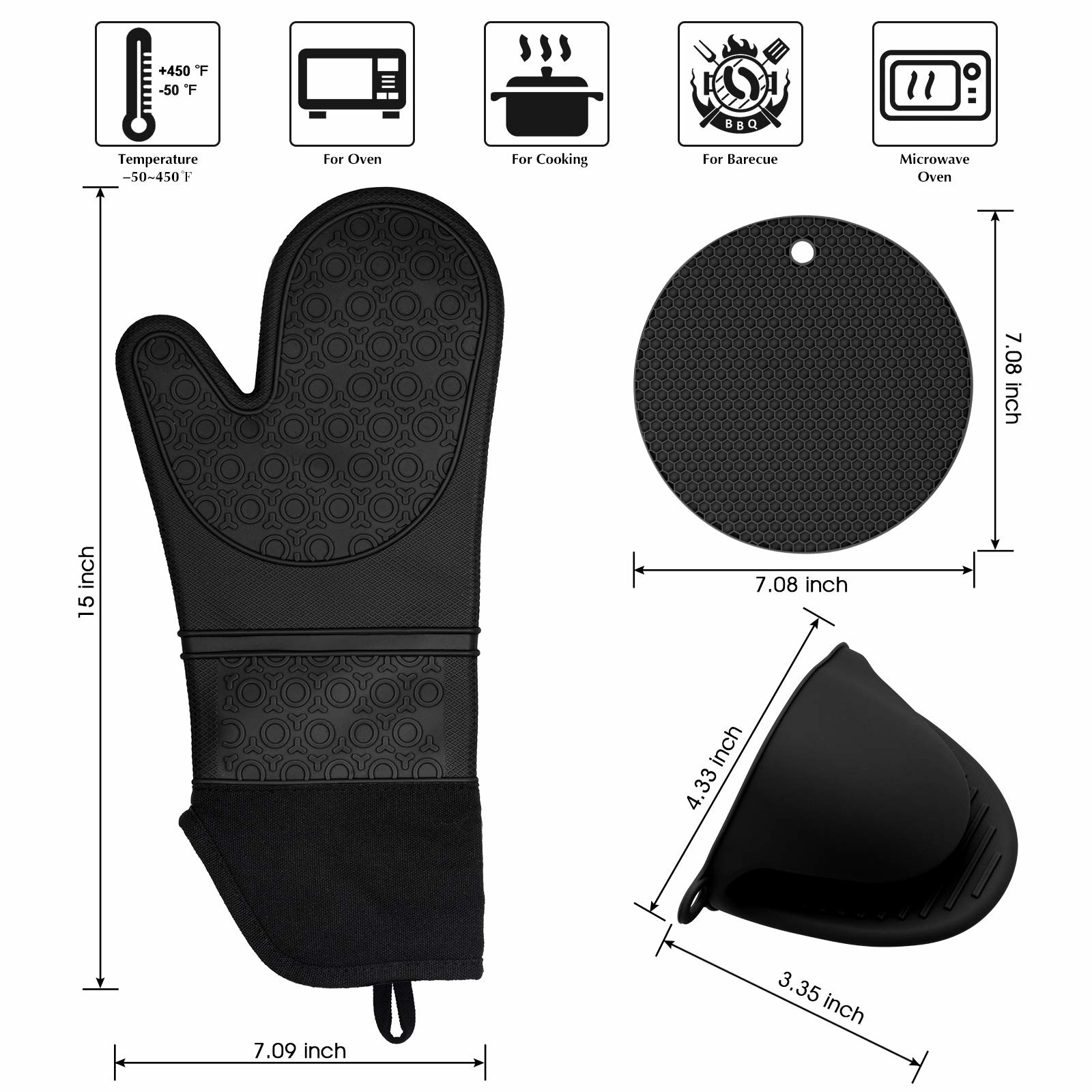 Silicone Oven Mitts And Pot Holders Set Heat Resistant To 450℉ Extra Long 15 Inch Professional Silicone Baking Gloves