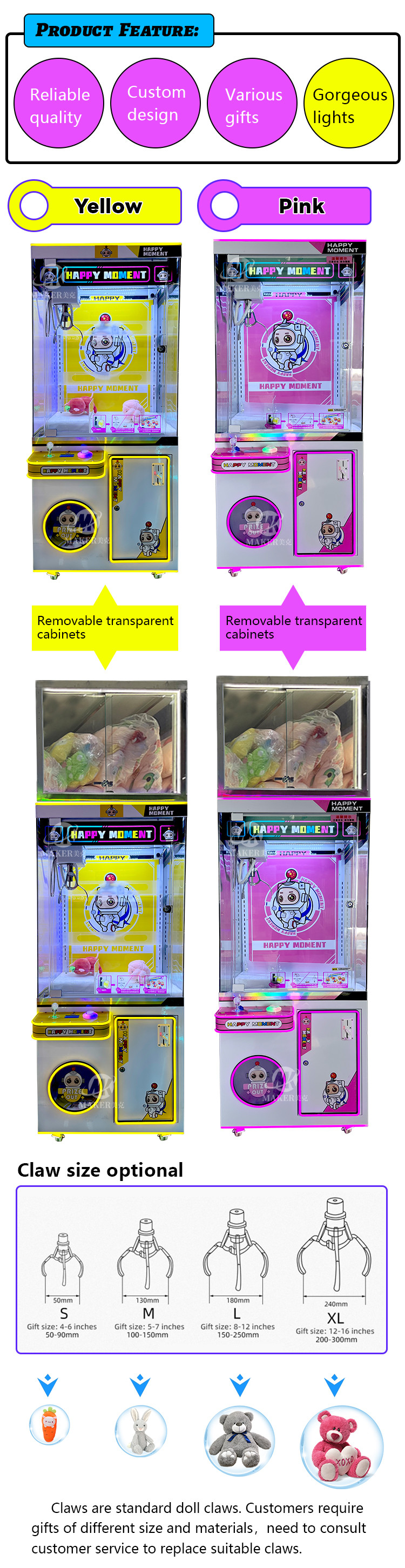 Plush Toy Grabbing Vending Claw Crane Machine Coin Operated Gift Prize Crane Machine